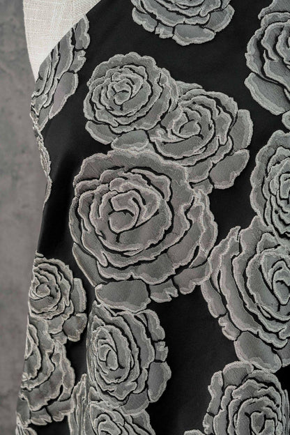 Vintage Black Rose Jacquard Fabric by Yard, Embossed Floral Brocade Textile, Luxury Couture Fabric for Dresses Decor, 53"Wide