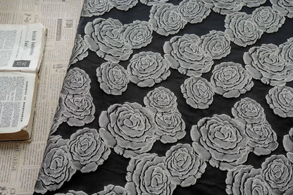Vintage Black Rose Jacquard Fabric by Yard, Embossed Floral Brocade Textile, Luxury Couture Fabric for Dresses Decor, 53"Wide