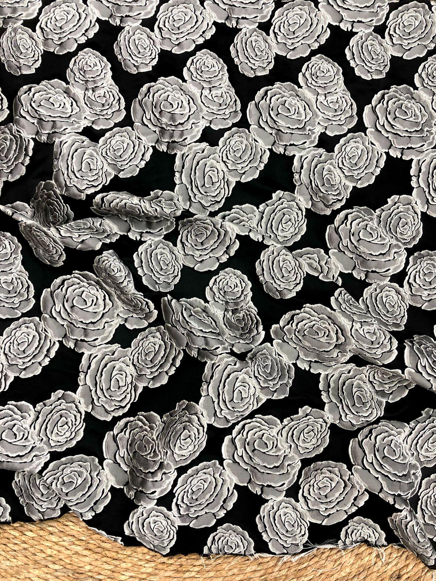 Vintage Black Rose Jacquard Fabric by Yard, Embossed Floral Brocade Textile, Luxury Couture Fabric for Dresses Decor, 53"Wide