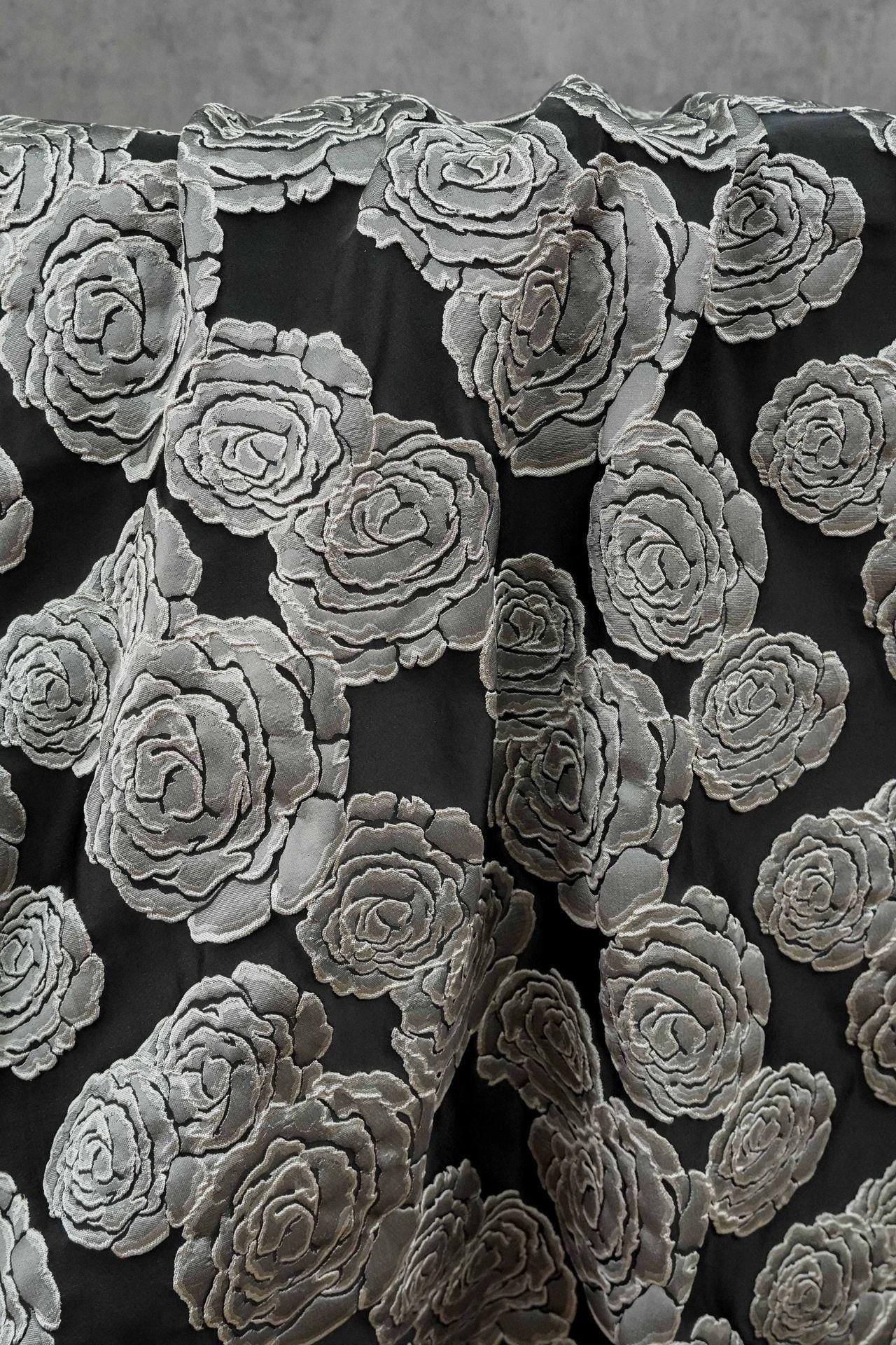 Vintage Black Rose Jacquard Fabric by Yard, Embossed Floral Brocade Textile, Luxury Couture Fabric for Dresses Decor, 53"Wide