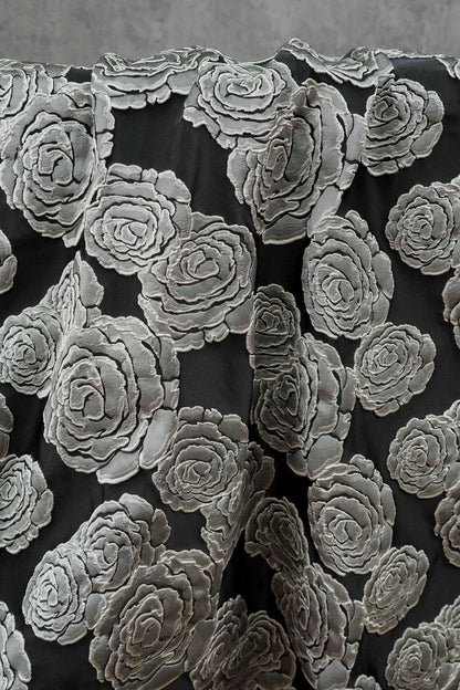 Vintage Black Rose Jacquard Fabric by Yard, Embossed Floral Brocade Textile, Luxury Couture Fabric for Dresses Decor, 53"Wide