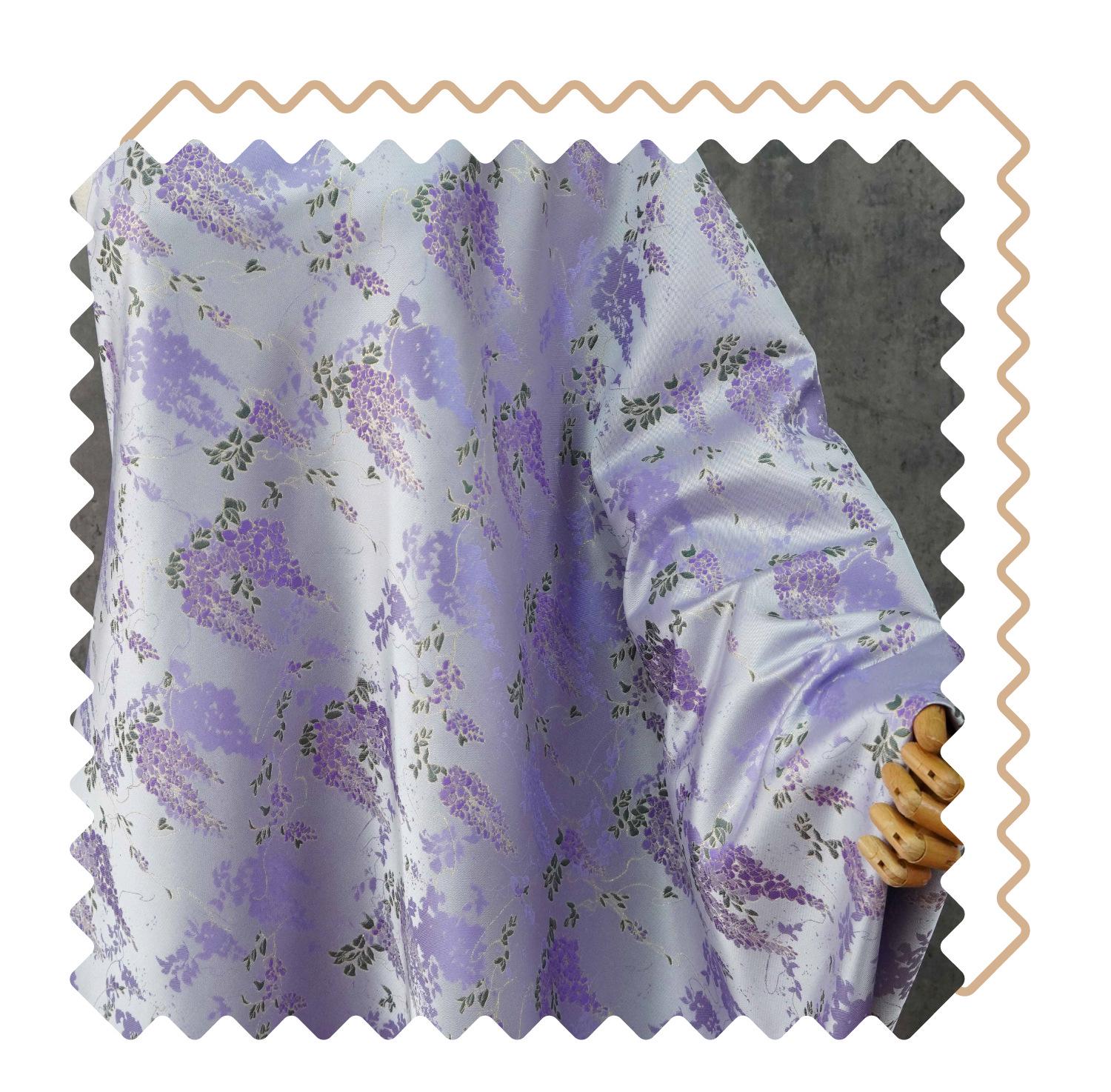 Chinese Wisteria Brocade Fabric, Gold Metallic Jacquard Satin Textile by Yard, Elegant Oriental Floral Fabric for Dress Upholstery Crafts