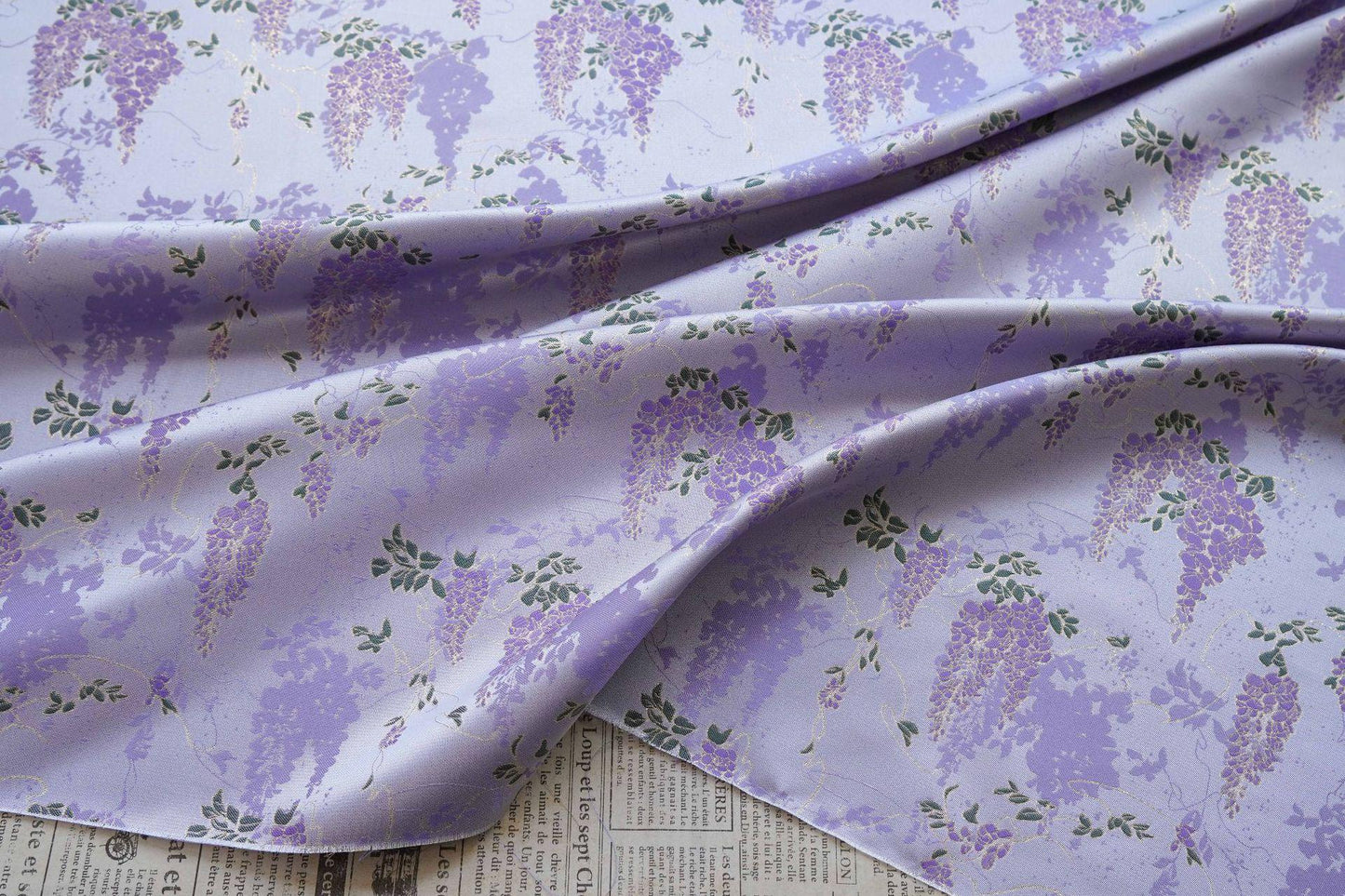 Chinese Wisteria Brocade Fabric, Gold Metallic Jacquard Satin Textile by Yard, Elegant Oriental Floral Fabric for Dress Upholstery Crafts