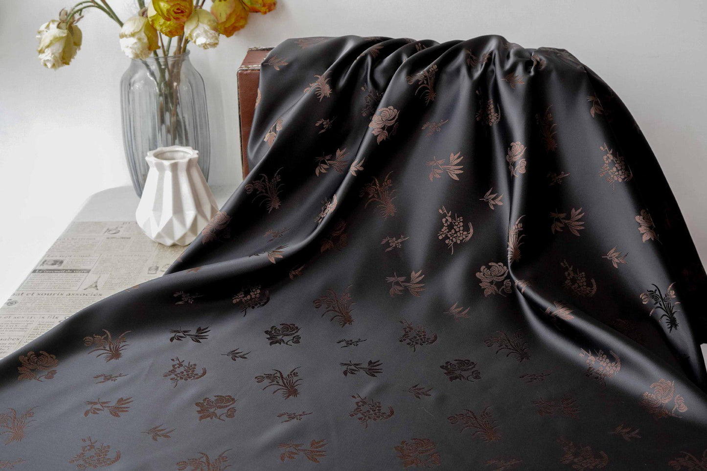 Chinese Floral Brocade Fabric by Yard, Plum Orchid Bamboo Chrysanthemum Jacquard, Oriental Satin Fabric for Sewing Decor Crafts - Poppylollipop