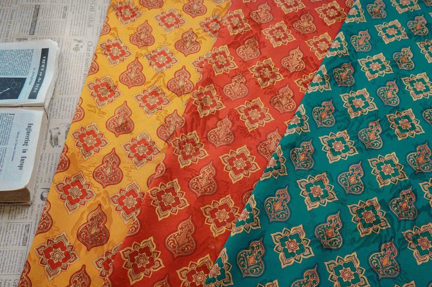 Chinese Dunhuang Fabric by Yard, Oriental Floral Print Draped Fabric, Vintage Mural Inspired Textile for Dress Curtains Crafts - Poppylollipop