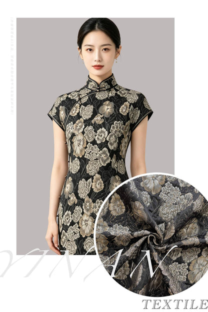 Embossed Floral Jacquard Fabric, Black Woven Brocade Upholstery Material for Bags, Cheongsam, Home Decor and Crafts, 63"Wide