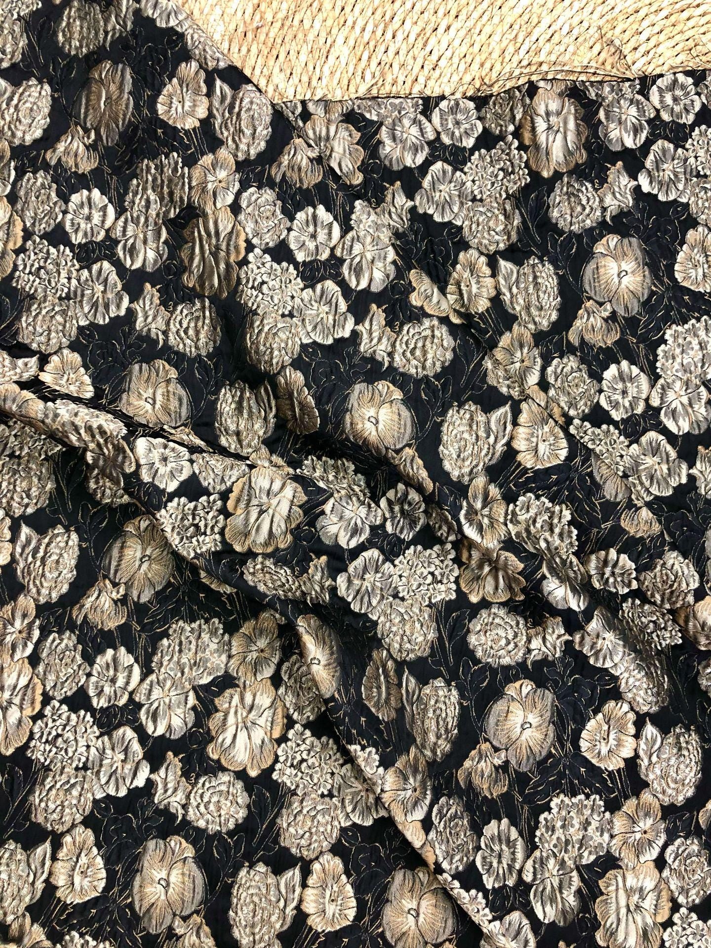 Embossed Floral Jacquard Fabric, Black Woven Brocade Upholstery Material for Bags, Cheongsam, Home Decor and Crafts, 63"Wide