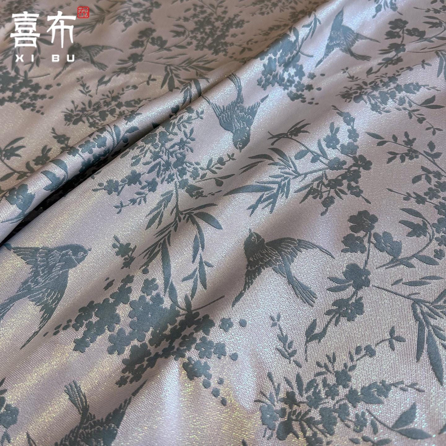 Luxury Chinese Bird Jacquard Fabric, Blue Gold Metallic Brocade Satin for Hanfu Vest Cheongsam Upholstery Decor, 58"Wide - Poppylollipop