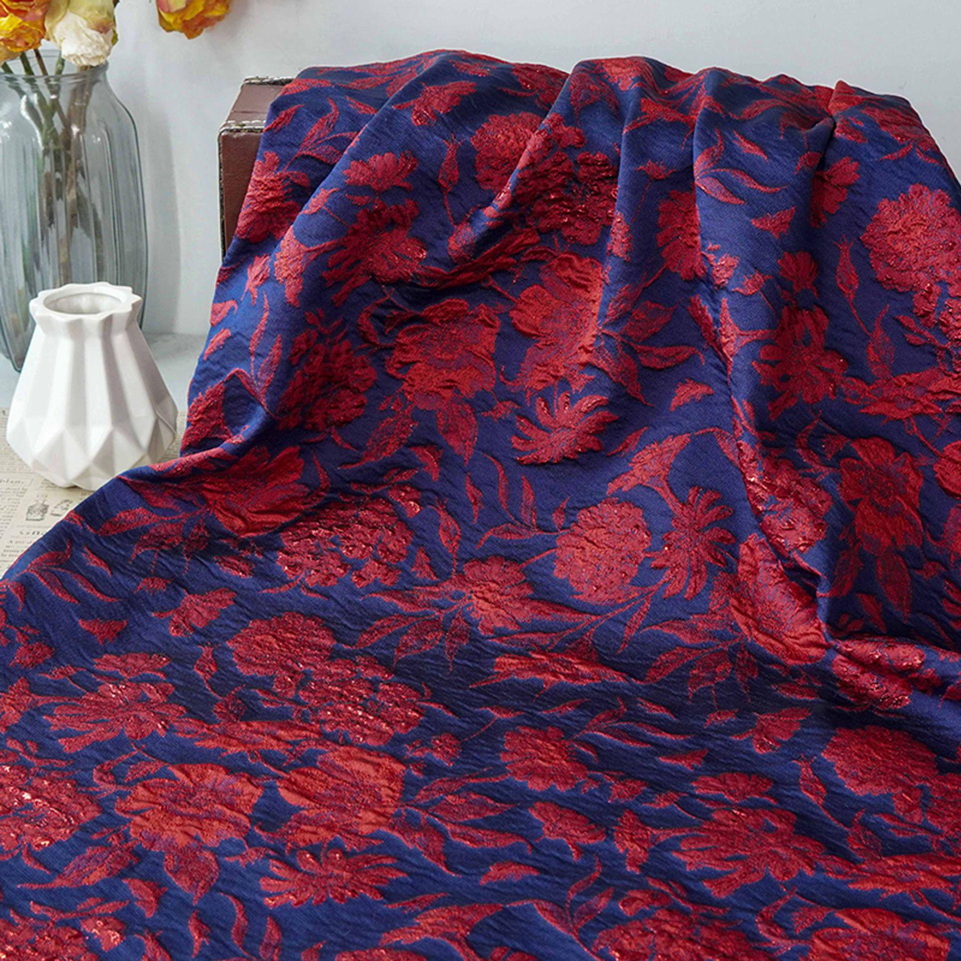 Blue Gold Jacquard Fabric by Yard, Vintage Red Flower Brocade Textile, Oriental Metallic Fabric for Dress Curtains Crafts, 54"Wide