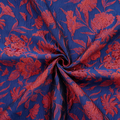 Blue Gold Jacquard Fabric by Yard, Vintage Red Flower Brocade Textile, Oriental Metallic Fabric for Dress Curtains Crafts, 54"Wide