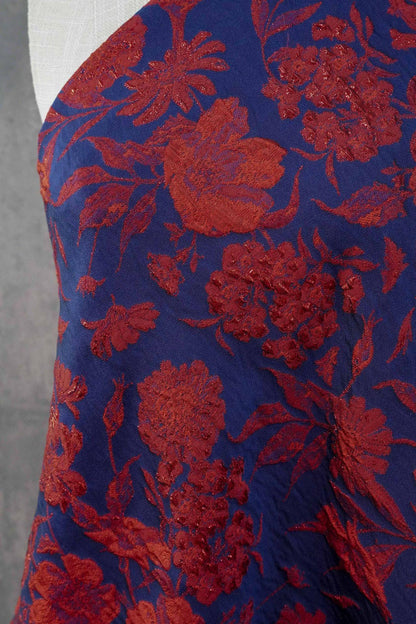Blue Gold Jacquard Fabric by Yard, Vintage Red Flower Brocade Textile, Oriental Metallic Fabric for Dress Curtains Crafts, 54"Wide