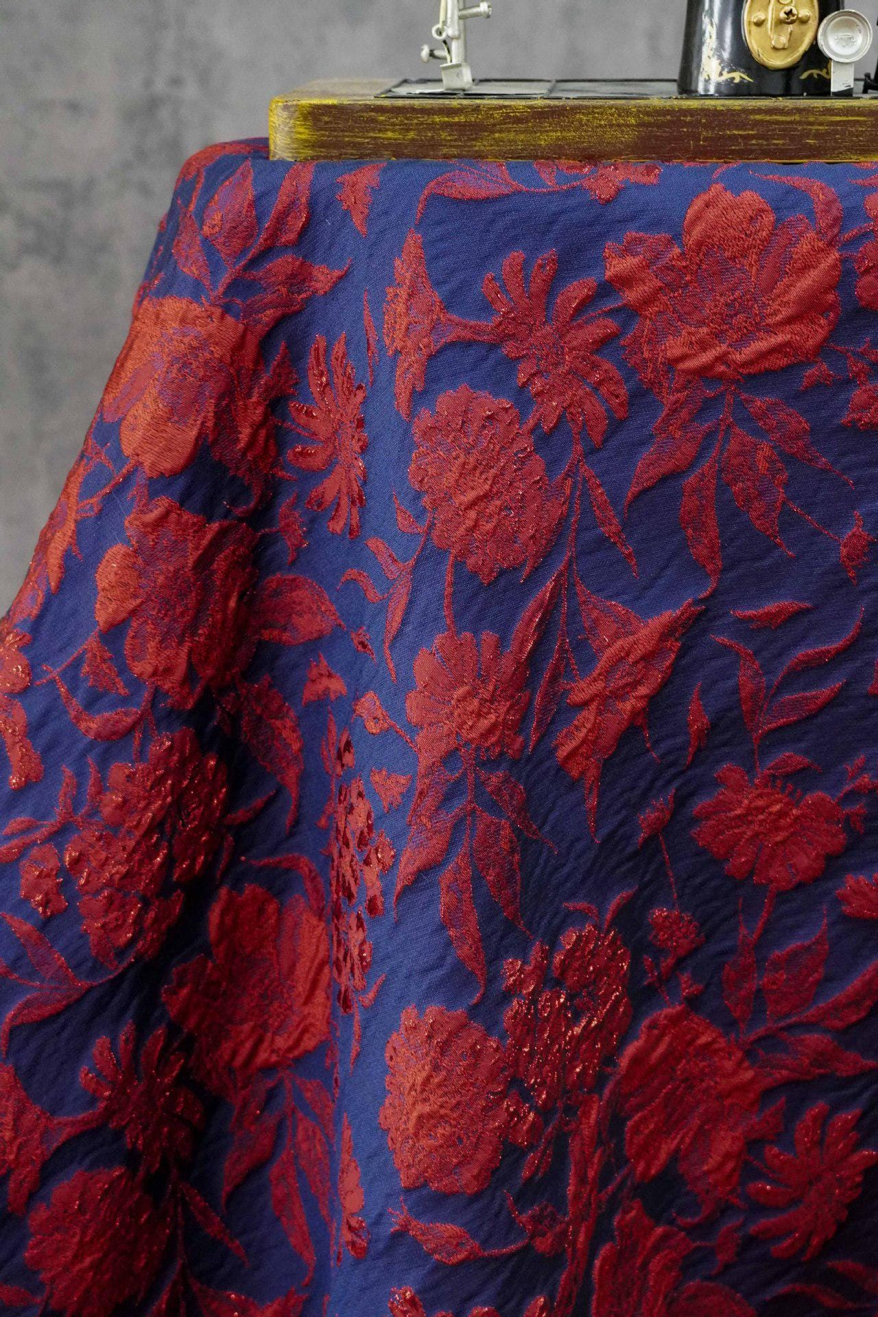 Blue Gold Jacquard Fabric by Yard, Vintage Red Flower Brocade Textile, Oriental Metallic Fabric for Dress Curtains Crafts, 54"Wide