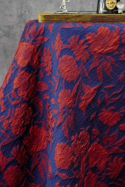 Blue Gold Jacquard Fabric by Yard, Vintage Red Flower Brocade Textile, Oriental Metallic Fabric for Dress Curtains Crafts, 54"Wide