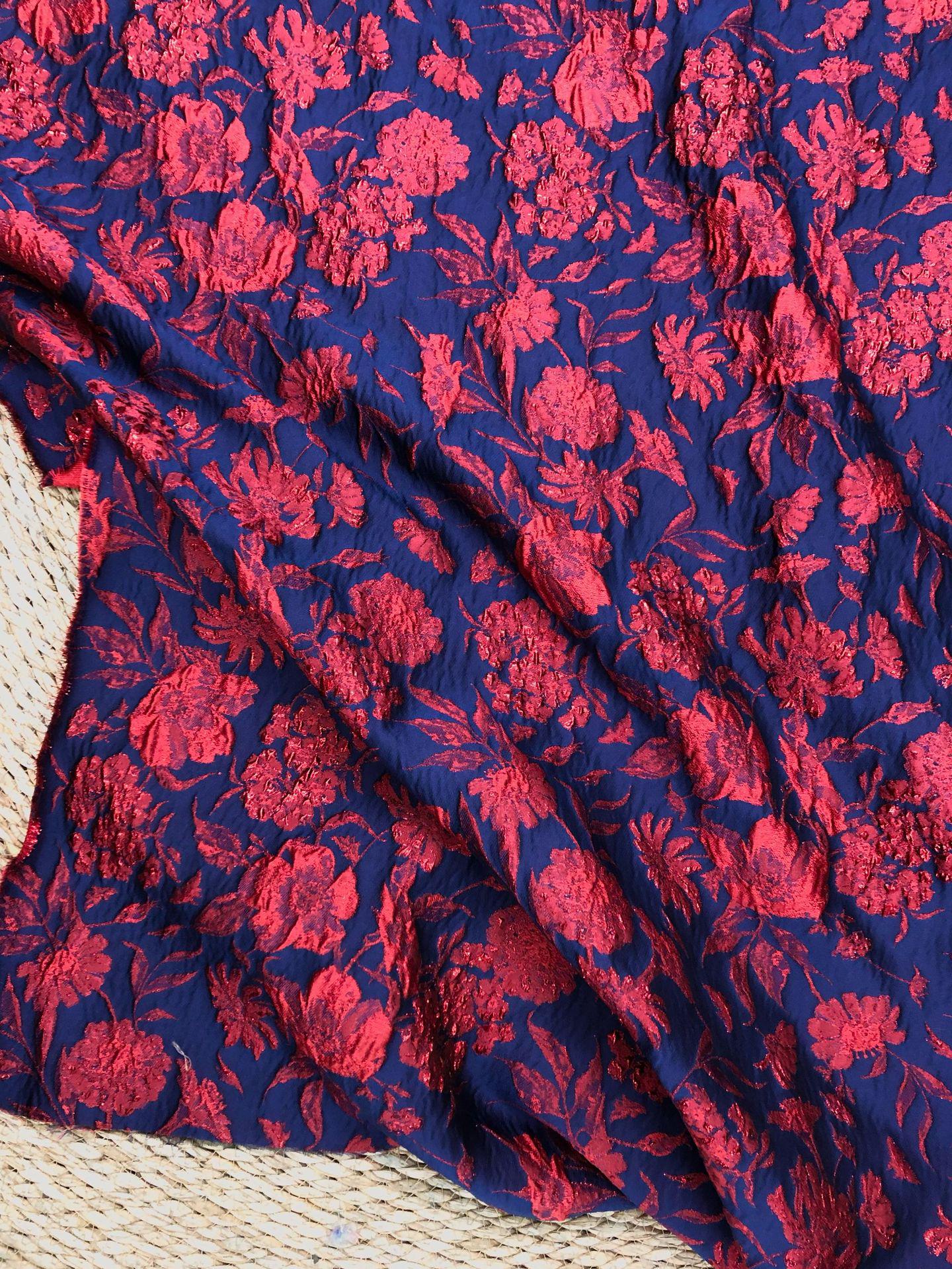 Blue Gold Jacquard Fabric by Yard, Vintage Red Flower Brocade Textile, Oriental Metallic Fabric for Dress Curtains Crafts, 54"Wide