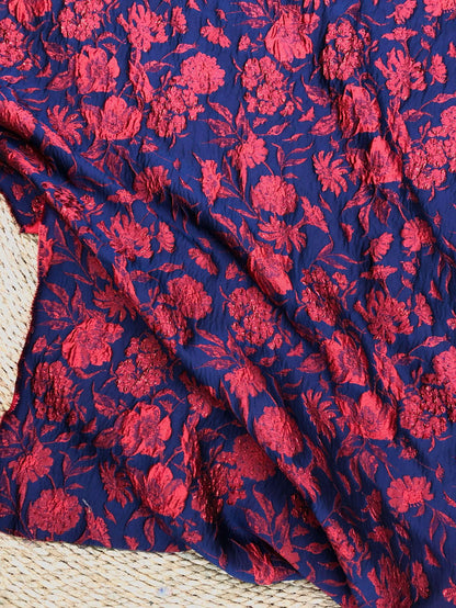 Blue Gold Jacquard Fabric by Yard, Vintage Red Flower Brocade Textile, Oriental Metallic Fabric for Dress Curtains Crafts, 54"Wide