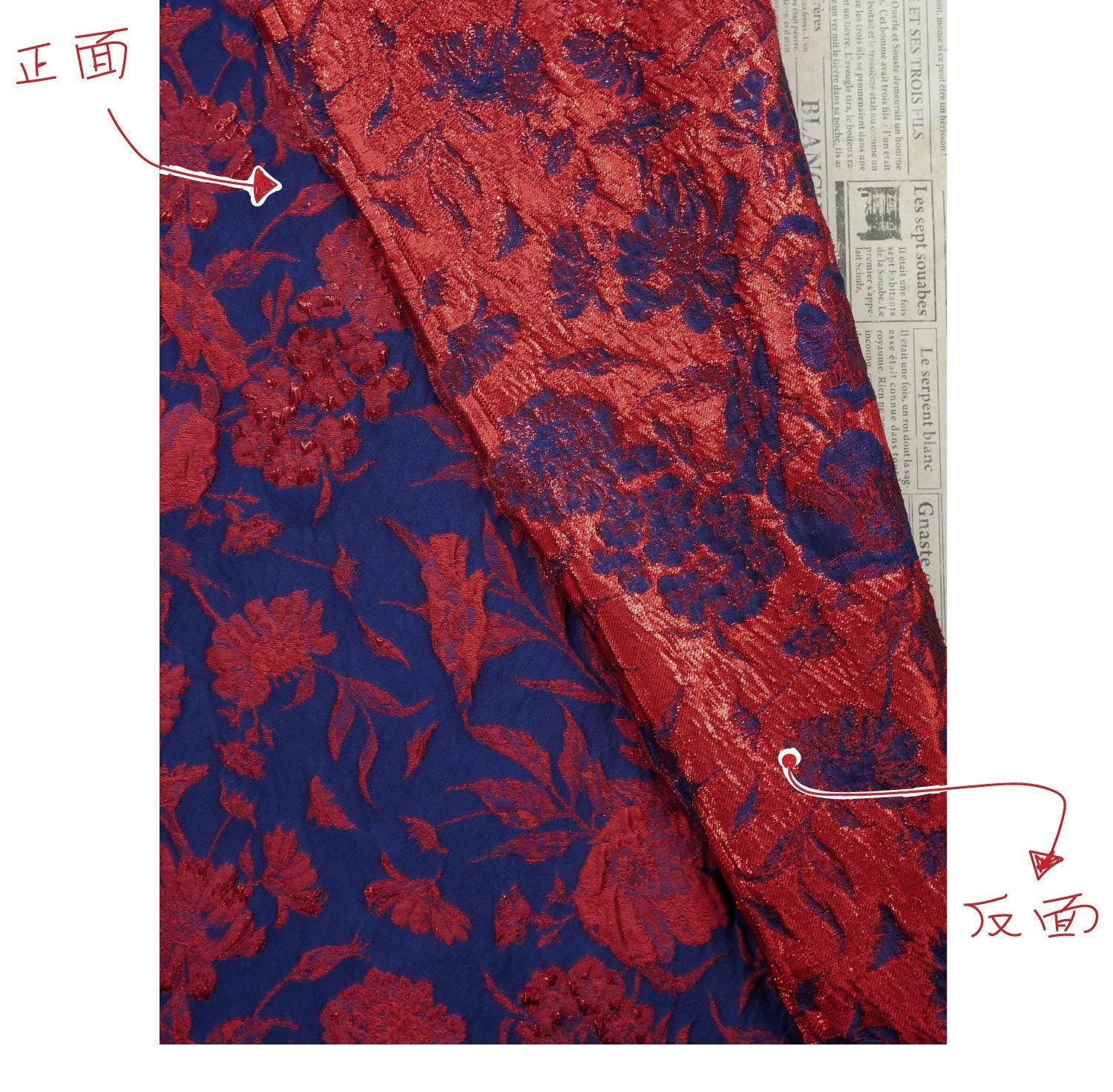 Blue Gold Jacquard Fabric by Yard, Vintage Red Flower Brocade Textile, Oriental Metallic Fabric for Dress Curtains Crafts, 54"Wide
