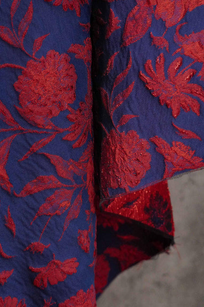 Blue Gold Jacquard Fabric by Yard, Vintage Red Flower Brocade Textile, Oriental Metallic Fabric for Dress Curtains Crafts, 54"Wide