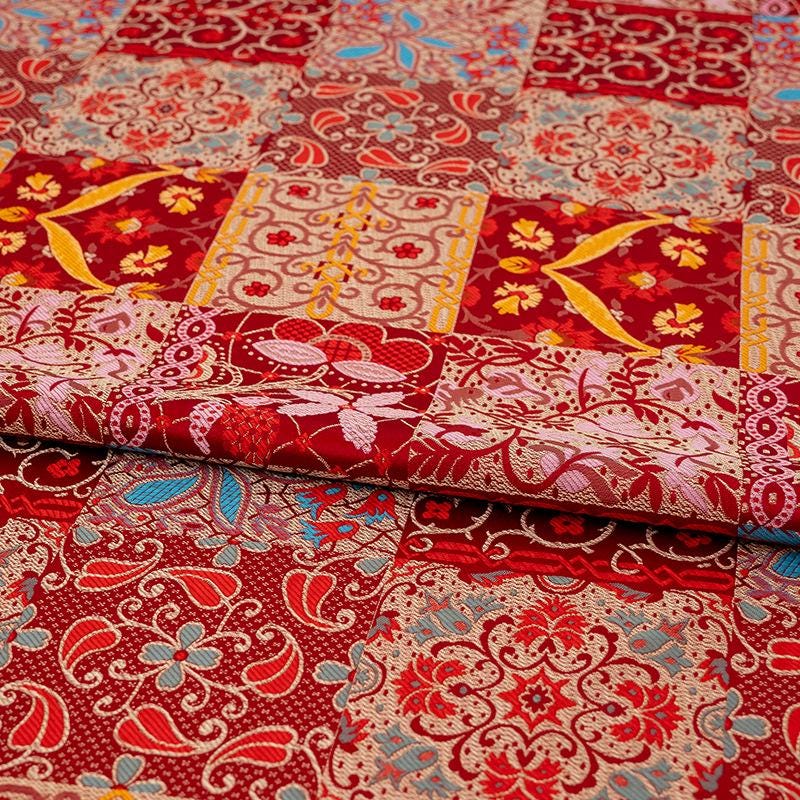 Red Floral Jacquard Quilting Fabric by Yard, Oriental Patchwork Brocade Textile for Bags Crafts Home Decor, 59"Wide