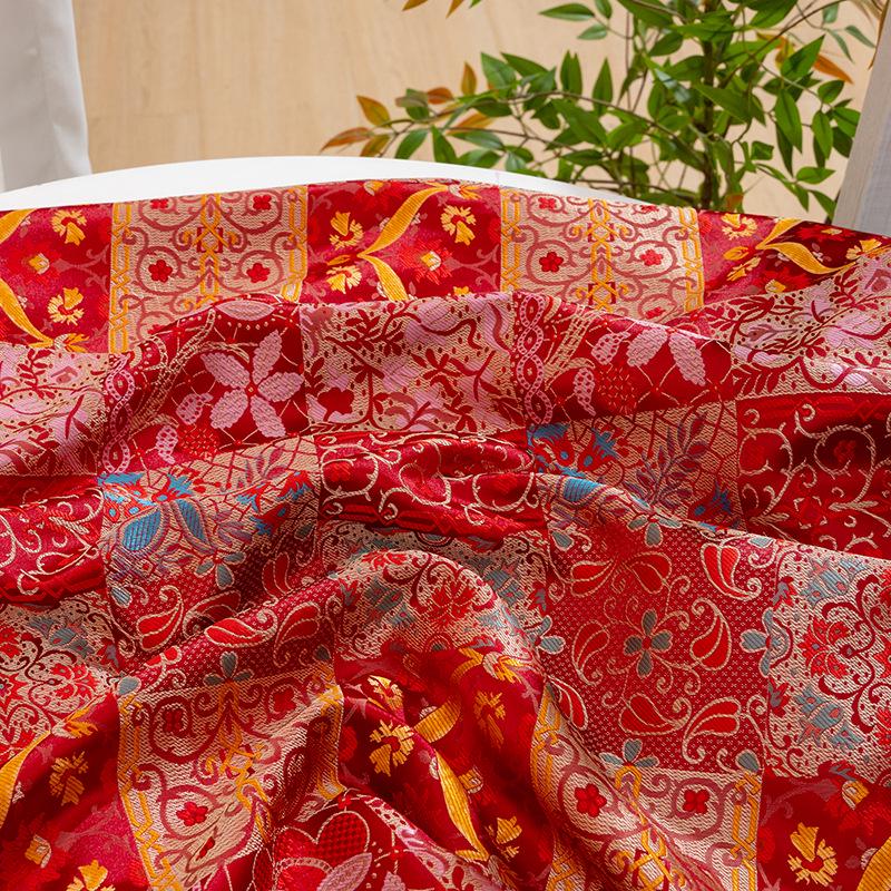 Red Floral Jacquard Quilting Fabric by Yard, Oriental Patchwork Brocade Textile for Bags Crafts Home Decor, 59"Wide