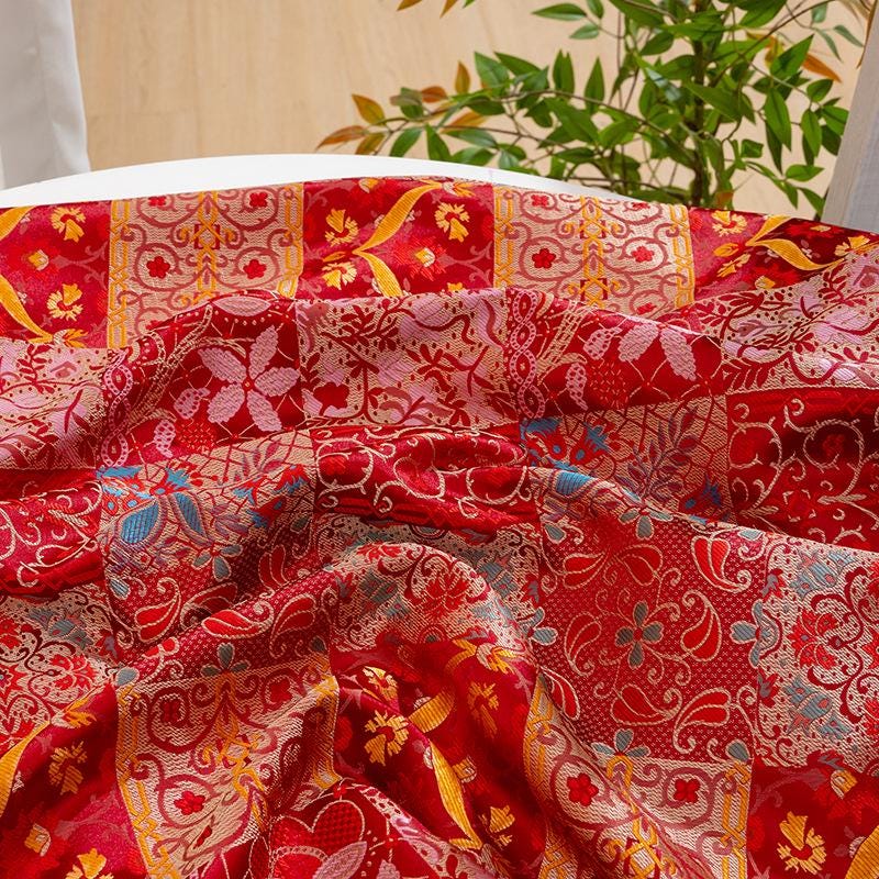 Red Floral Jacquard Quilting Fabric by Yard, Oriental Patchwork Brocade Textile for Bags Crafts Home Decor, 59"Wide