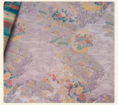 Japanese Floral Brocade Fabric by Yard, Colorful Kimono Jacquard Satin, Gold Metallic Fabric for Dress Obi Crafts, 59"Wide