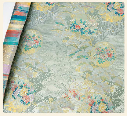 Japanese Floral Brocade Fabric by Yard, Colorful Kimono Jacquard Satin, Gold Metallic Fabric for Dress Obi Crafts, 59"Wide