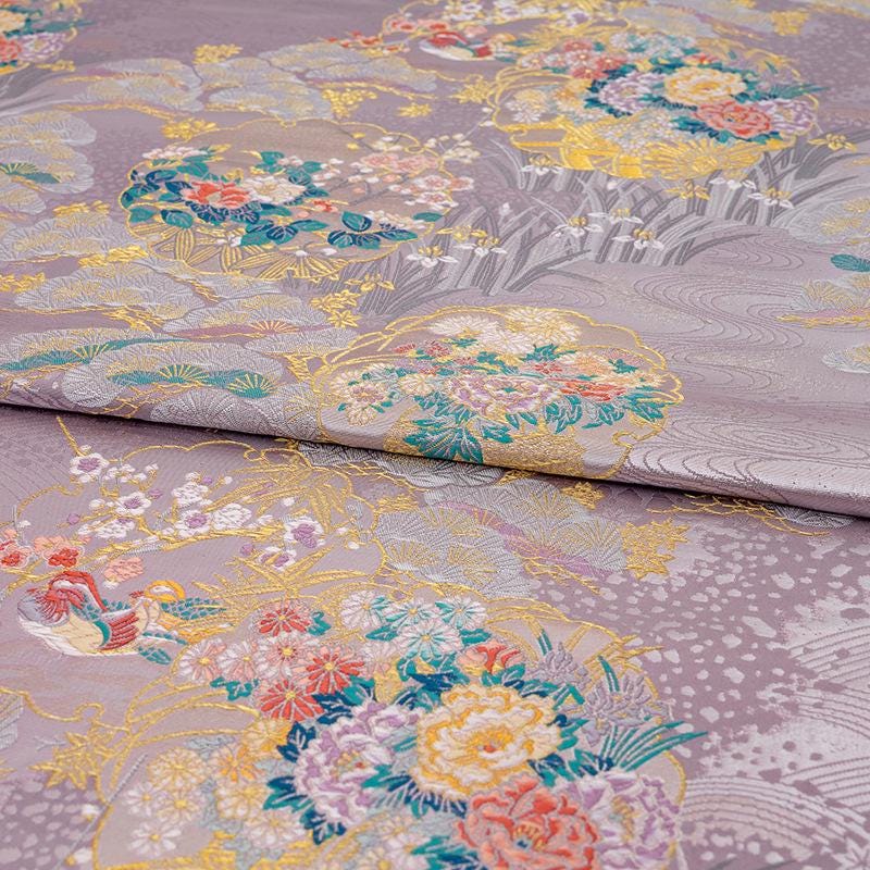 Japanese Floral Brocade Fabric by Yard, Colorful Kimono Jacquard Satin, Gold Metallic Fabric for Dress Obi Crafts, 59"Wide