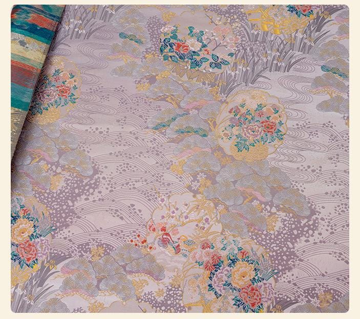 Japanese Floral Brocade Fabric by Yard, Colorful Kimono Jacquard Satin, Gold Metallic Fabric for Dress Obi Crafts, 59"Wide