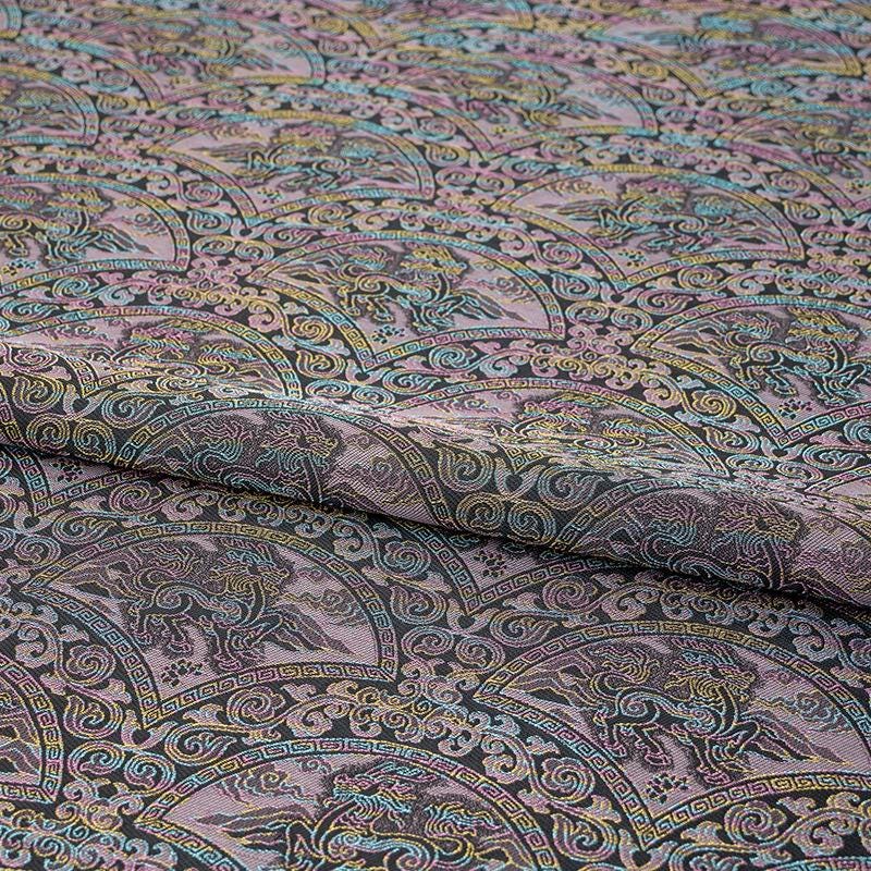 Chinese Qilin Fabric by Yard, Purple Gold Brocade Satin, Oriental Mythical Jacquard Fabric for Dress Decor Crafts, 59"Wide