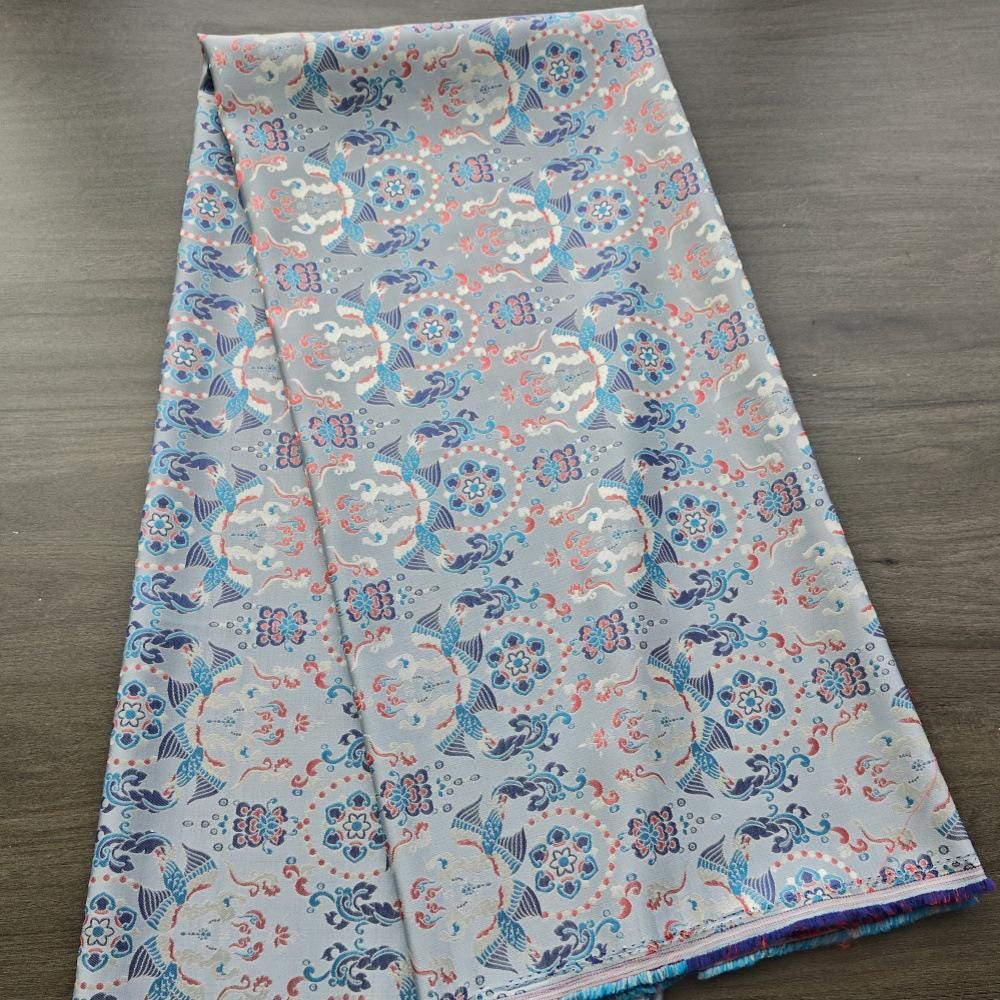 Chinese Brocade Fabric by Yard, Sky Blue Floral Jacquard Satin, Oriental Chinoiserie Fabric for Dress Curtains Crafts, 59"Wide