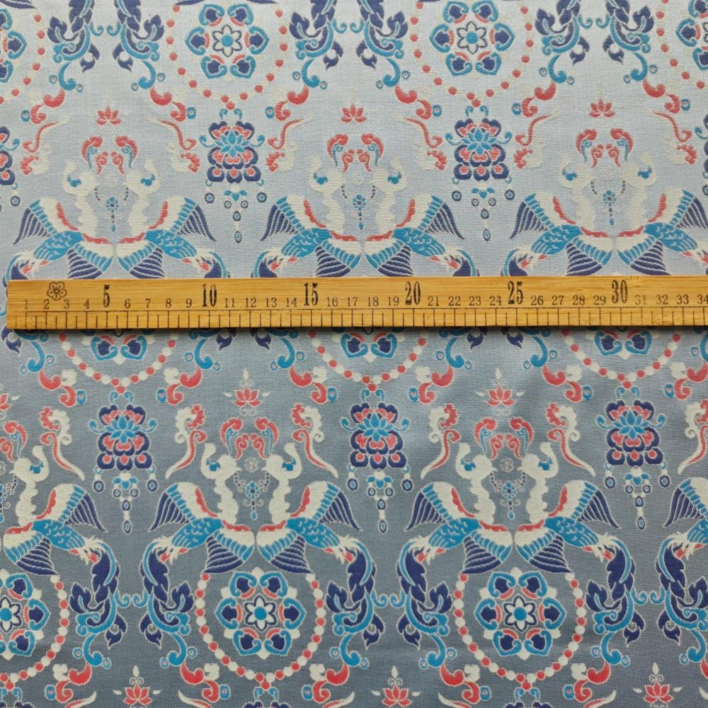 Chinese Brocade Fabric by Yard, Sky Blue Floral Jacquard Satin, Oriental Chinoiserie Fabric for Dress Curtains Crafts, 59"Wide