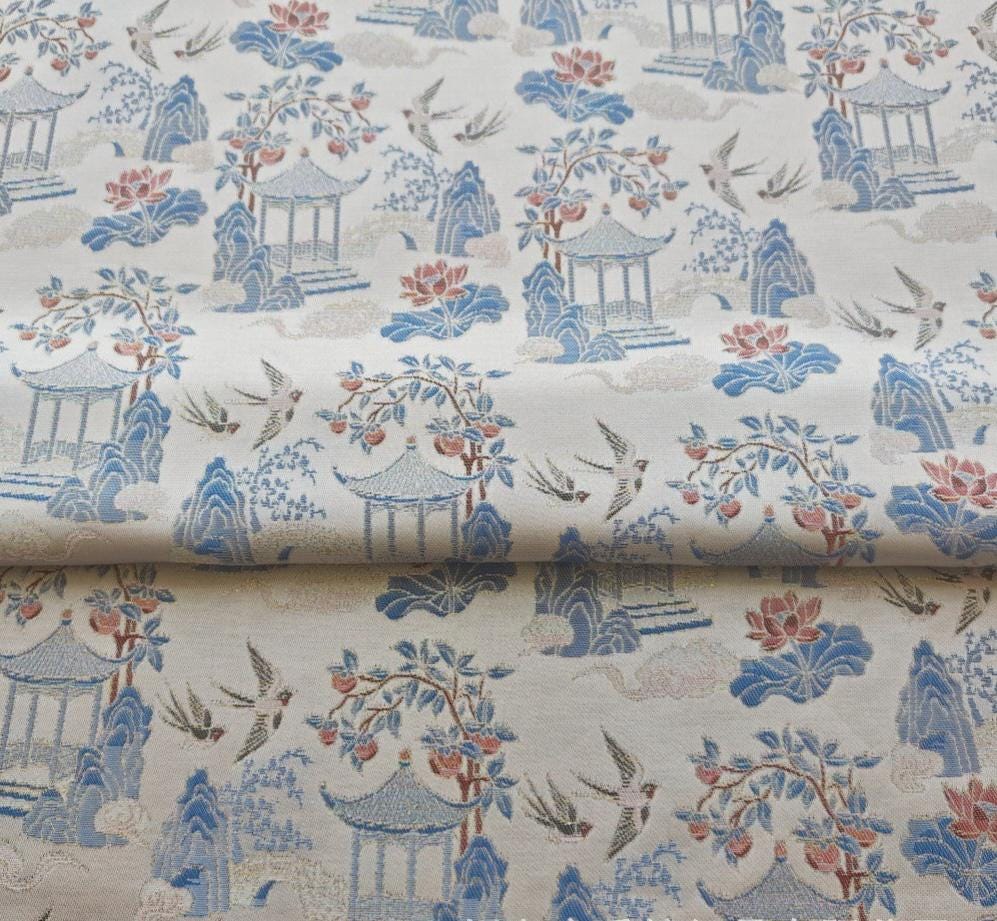 Chinese Chinoiserie Fabric by Yard, Pavilion Jacquard Brocade Satin for Dress Curtains Upholstery Crafts, 59"Wide