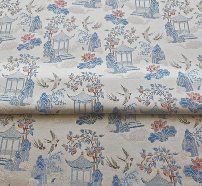 Chinese Chinoiserie Fabric by Yard, Pavilion Jacquard Brocade Satin for Dress Curtains Upholstery Crafts, 59"Wide