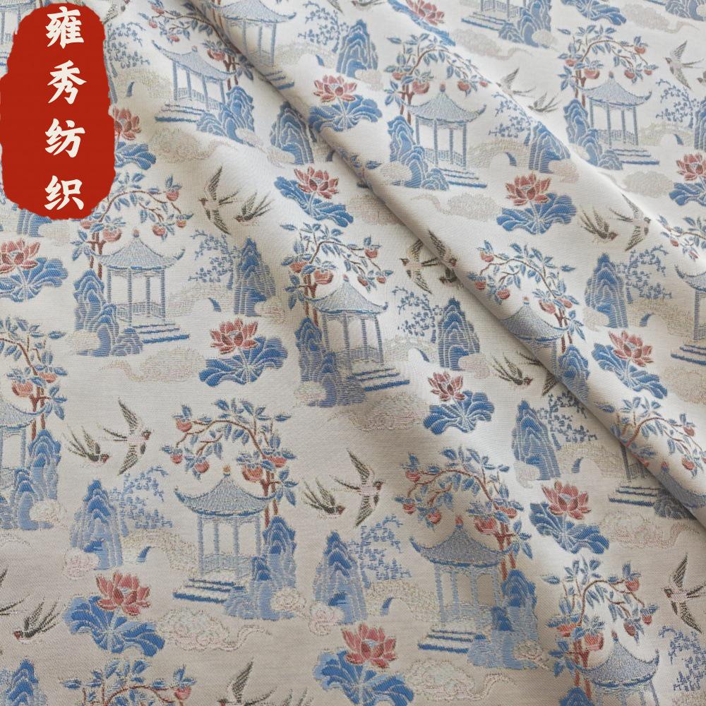 Chinese Chinoiserie Fabric by Yard, Pavilion Jacquard Brocade Satin for Dress Curtains Upholstery Crafts, 59"Wide