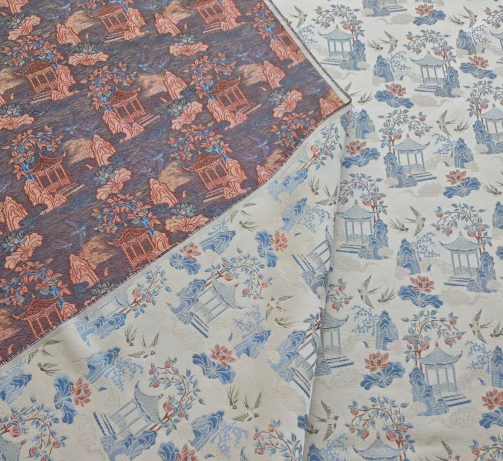 Chinese Chinoiserie Fabric by Yard, Pavilion Jacquard Brocade Satin for Dress Curtains Upholstery Crafts, 59"Wide