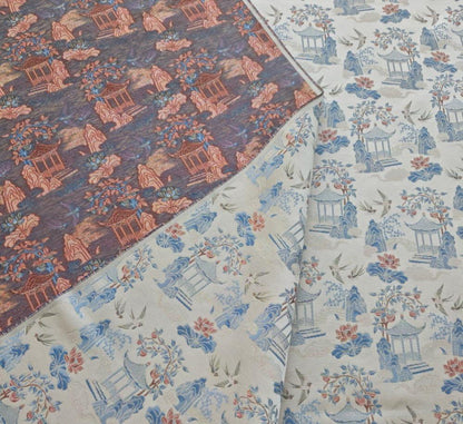 Chinese Chinoiserie Fabric by Yard, Pavilion Jacquard Brocade Satin for Dress Curtains Upholstery Crafts, 59"Wide