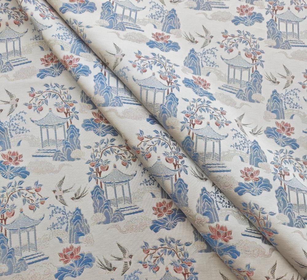 Chinese Chinoiserie Fabric by Yard, Pavilion Jacquard Brocade Satin for Dress Curtains Upholstery Crafts, 59"Wide