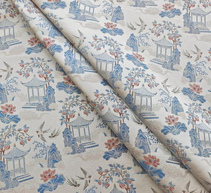 Chinese Chinoiserie Fabric by Yard, Pavilion Jacquard Brocade Satin for Dress Curtains Upholstery Crafts, 59"Wide
