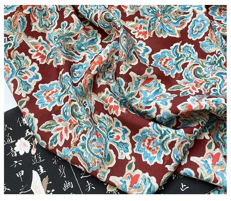 Cinnabar Blue Printed Cotton Fabric by Yard, Chinese Indigo Dye Textile, Vintage Oriental Cotton Fabric for Quilting Sewing Crafts, 59"Wide