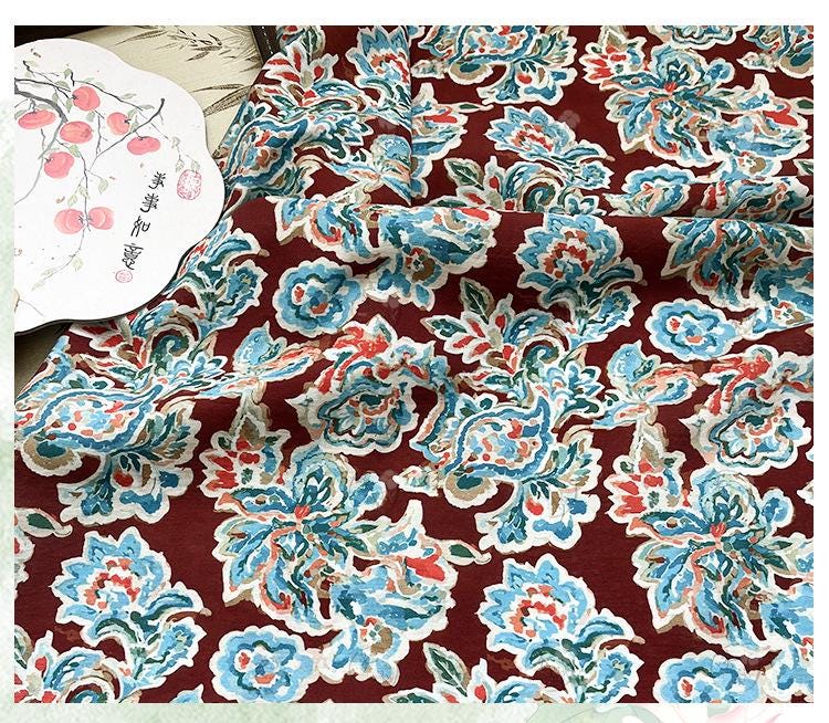 Cinnabar Blue Printed Cotton Fabric by Yard, Chinese Indigo Dye Textile, Vintage Oriental Cotton Fabric for Quilting Sewing Crafts, 59"Wide
