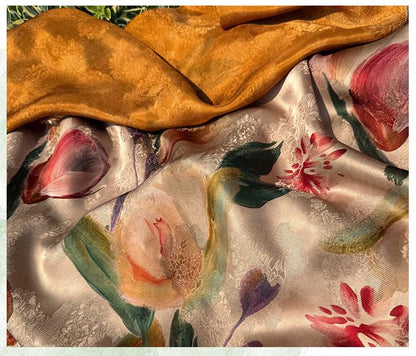 Tulip Glow Xiangyunsha Fabric by Yard, Soft Rayon Jacquard Textile, Chinese Elegant Draped Fabric for Dresses Hanfu Sewing, 59"Wide