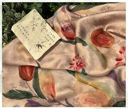 Tulip Glow Xiangyunsha Fabric by Yard, Soft Rayon Jacquard Textile, Chinese Elegant Draped Fabric for Dresses Hanfu Sewing, 59"Wide