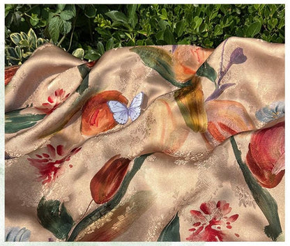 Tulip Glow Xiangyunsha Fabric by Yard, Soft Rayon Jacquard Textile, Chinese Elegant Draped Fabric for Dresses Hanfu Sewing, 59"Wide