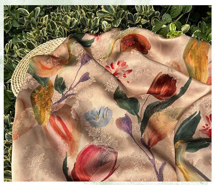 Tulip Glow Xiangyunsha Fabric by Yard, Soft Rayon Jacquard Textile, Chinese Elegant Draped Fabric for Dresses Hanfu Sewing, 59"Wide