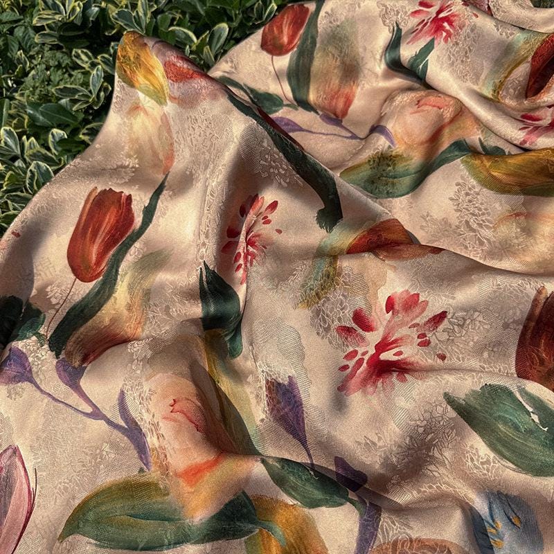Tulip Glow Xiangyunsha Fabric by Yard, Soft Rayon Jacquard Textile, Chinese Elegant Draped Fabric for Dresses Hanfu Sewing, 59"Wide