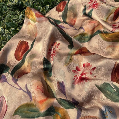 Tulip Glow Xiangyunsha Fabric by Yard, Soft Rayon Jacquard Textile, Chinese Elegant Draped Fabric for Dresses Hanfu Sewing, 59"Wide