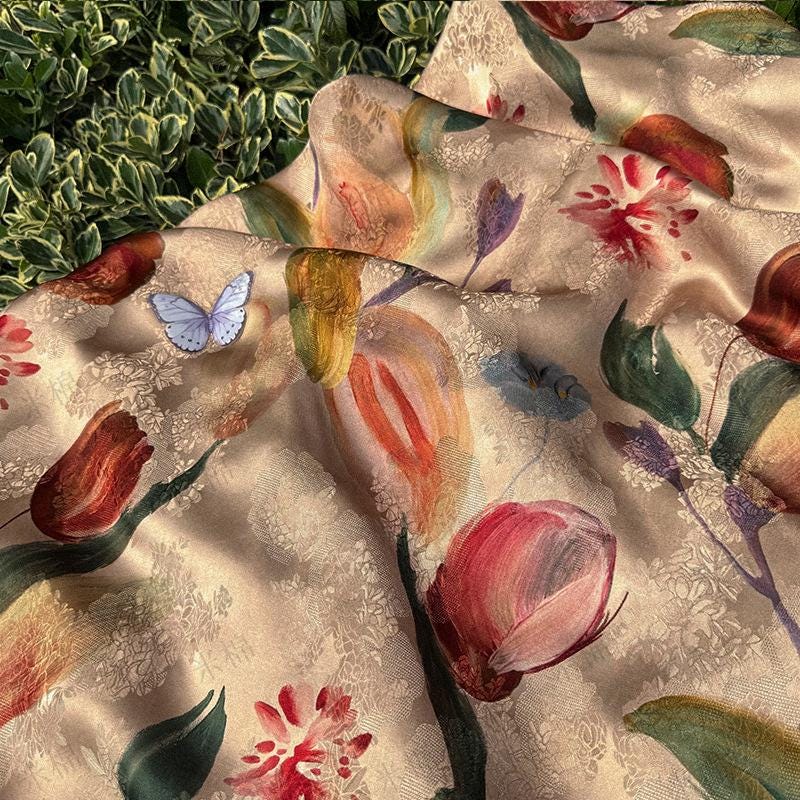 Tulip Glow Xiangyunsha Fabric by Yard, Soft Rayon Jacquard Textile, Chinese Elegant Draped Fabric for Dresses Hanfu Sewing, 59"Wide