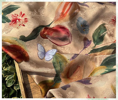 Tulip Glow Xiangyunsha Fabric by Yard, Soft Rayon Jacquard Textile, Chinese Elegant Draped Fabric for Dresses Hanfu Sewing, 59"Wide