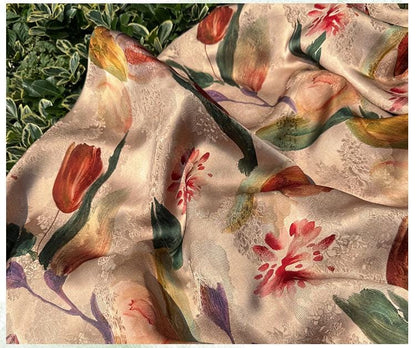 Tulip Glow Xiangyunsha Fabric by Yard, Soft Rayon Jacquard Textile, Chinese Elegant Draped Fabric for Dresses Hanfu Sewing, 59"Wide