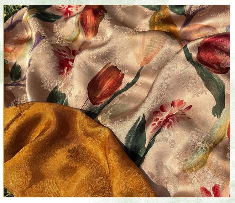 Tulip Glow Xiangyunsha Fabric by Yard, Soft Rayon Jacquard Textile, Chinese Elegant Draped Fabric for Dresses Hanfu Sewing, 59"Wide